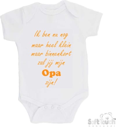 100% katoenen Romper "Ik ben nu nog maar heel klein maar binnenkort zal jij mijn opa zijn!" Unisex Katoen Wit/mosterd Maat 62/68