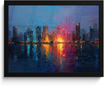 Poster in lijst - Fotolijst 40x30 cm - Posters - Skyline - Penseelstreken - Donkerblauw - Lichtgevend - Posterlijst zwart - Decoratie - Wanddecoratie woonkamer - Muurdecoratie slaapkamer