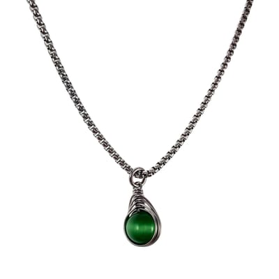 60cm x 3mm Jasseron-Ketting + Groene Kattenoogsteen Hanger Dames - Gepolijst RVS - Handgemaakt Visgraattechniek Steen Hanger