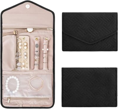 Sieraden vouwen opbergtas - reizen sieraden organizer - draagbare sieraden tas - voor oorbellen, ringen, ketting, armbanden, vrouwen meisjes sieraden geschenken - zwart