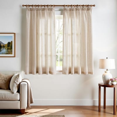 Gordijnen met plooiband linnen voor gordijnroede, landhuisstijl, lichtdoorlatend, voor woonkamer, slaapkamer, set van 2, 140Bx145H (cm) beige