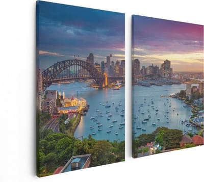 Artaza Canvas Schilderij Tweeluik Sydney Harbour Bridge in de Avond - 80x60 - Foto Op Canvas - Canvas Print