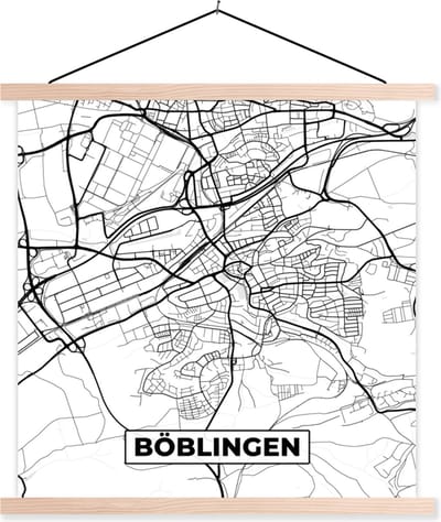 Posterhanger incl. Poster 40x40 cm - Schoolplaat - Böblingen - Plattegrond - Kaart - Stadskaart - Textielposter - Blanke latten - Stadskaart
