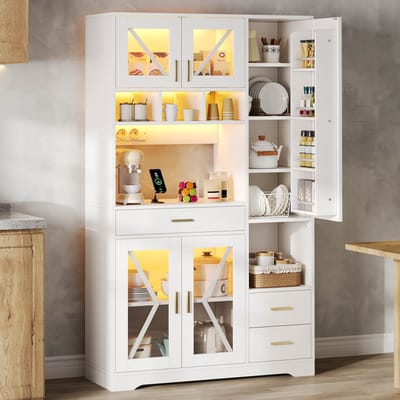 REDOM - Buffetkast - Verstelbare legplanken en lades - LED-verlichting met appbediening - Vitrine met glazen deuren - Eetkamer - MDF - Wit - 185 x 105 x 40 cm