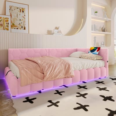 MODFU - Bedframe 90x200 cm – Roze velours met LED & USB/Type-C – Hydraulisch
