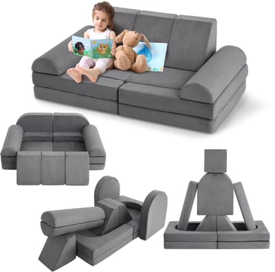 Modulaire Speelbank voor Kinderen - 10-Delige Kindersofa & Loungebank met Ballenbak Functie - Zacht Schuim - Wasbare Hoezen - Grijs
