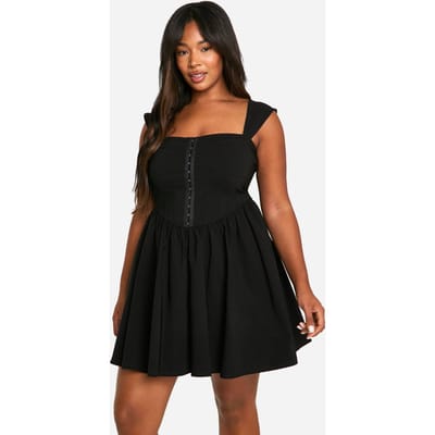 boohoo Dames Plus Geweven Stretch Corset Detail Korte Mouwen Zwevende Mini-Jurk | Black | Maat: 26
