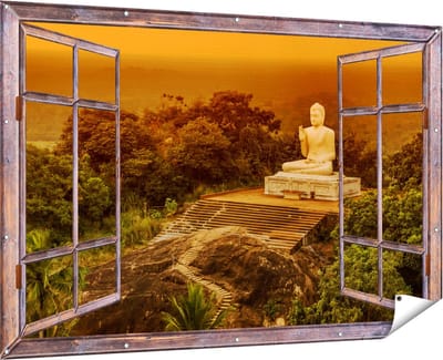 Gards Tuinposter Doorkijk Boeddha Beeld bij een Tempel in het Bos - 180x120 cm - Tuindoek - Tuindecoratie - Wanddecoratie buiten - Tuinschilderij
