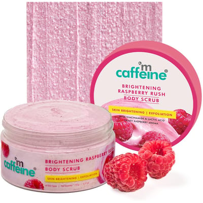 mCaffeine Gommage Corporel Éclaircissant à la Framboise | Élimination du Bronzage | AHA - Acides Lactique & Glycolique, Niacinamide | Riche en Vitamine C pour une Peau Plus Claire et Douce | Enlève pink