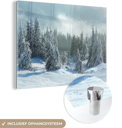 MuchoWow® Glasschilderij 40x30 cm - Schilderij acrylglas - Bos - Sneeuw - Winter - Foto op glas - Schilderijen