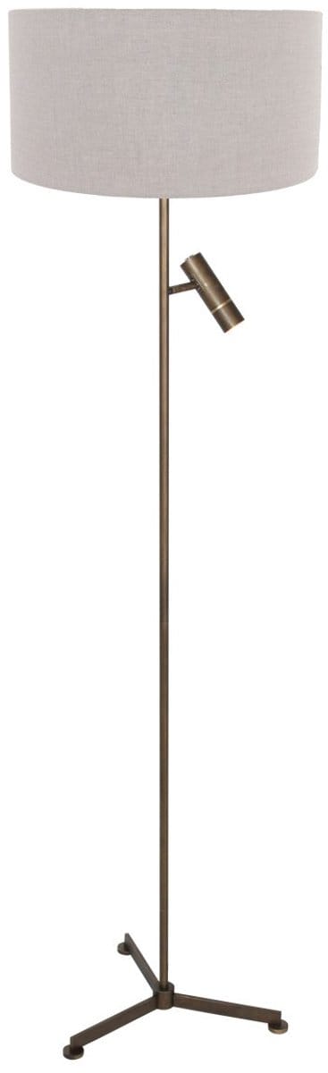 Vloerlamp Stang 4844BR met leeslicht, bronzen 3-poots armatuur, tonvormige grijze linnen kap, hoogte 145 cm, E27 fitting - Steinhauer