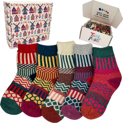 Tutti Footi - Warme Sokken Set 'Sól' Dames met Wol - 5 paar Vintage sokken met diverse kleuren, streepjes en figuren - Maat 35-39