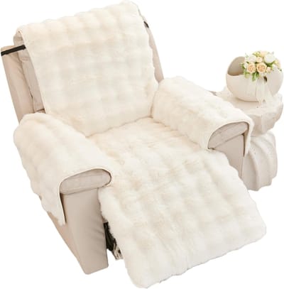 Zachte Pluche Stoelbeschermer en Armleuning Kussens - Antislip Fluffy Neppels Voor Relaxstoelen (Crème, 60x225cm)