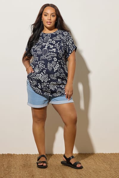 Yours Marineblauwe Top Met Bladprint En Textuur Size 44