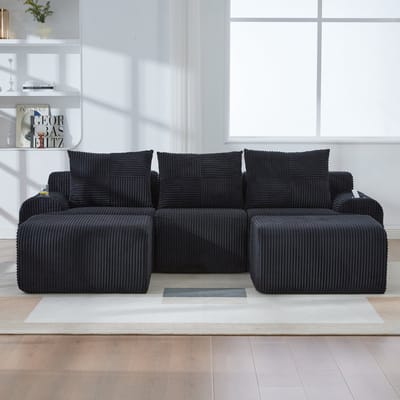 DESMIU Zitbank 268 x 174 x 80 Cm - Modulaire 3-Zits Met 2 Hockers, Bekerhouder En Zijvak - Voor Woonkamer - Corduroy Zwart