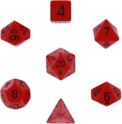 Chessex Opaak Rood Zwart Polydice Dobbelsteen Set 7 stuks.