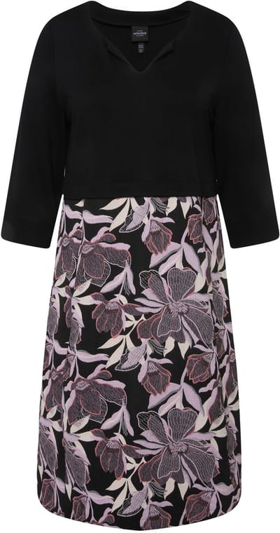 Ulla Popken - Dames - Jurk materiaalmix tuniekhals 3/4-mouwen - Zwart - Maat 46+