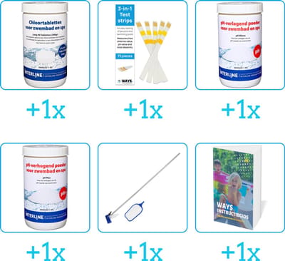 Zwembad Onderhoudspakket - Onderhoud Zwembad - bevat Chloor - Testrips - PH-min - PH-plus - Schoonmaakset en Zwembadgids (6-delig)