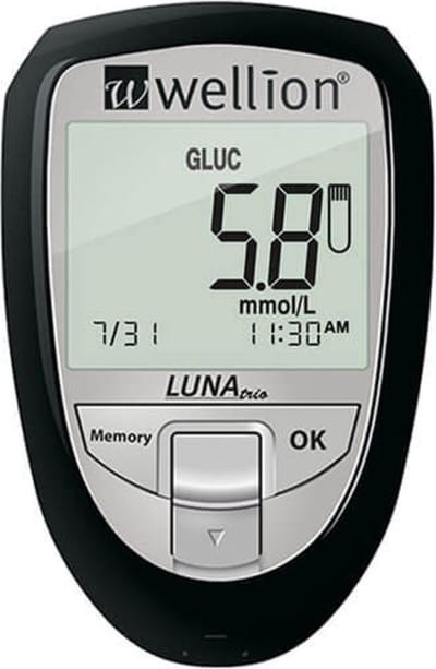 Wellion Luna Trio 3-in-1 glucosemeter startpakket (glucose, cholesterol en urinezuur) inclusief 10 glucose strips - Zwart