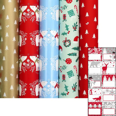 COSY COTTAGE - kerstpapier assortiment cadeaupapier inpakpapier - 2 meter x 70 cm - 5 rollen - inclusief labels