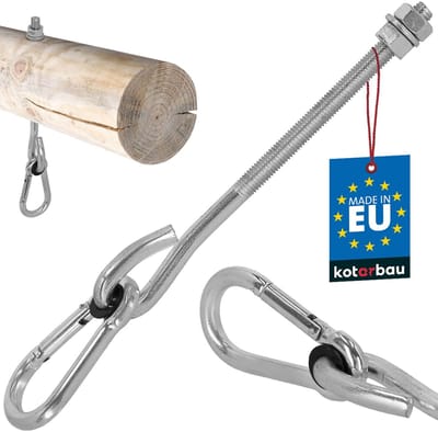 KOTARBAU® Schommelhaak, Verzinkt Staal, M12 x 230 mm, Zilver, met Karabijnhaak, Houtdraad, Schommelhaak voor Houten Balk, Schommel Hanger