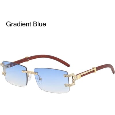 Rechthoekige Diamanten Punk Zonnebril Vintage Randloos Houten Vierkante Bril Strass Heren Zonnebrillen voor Strand Reizen Streetwear Gradient Blue