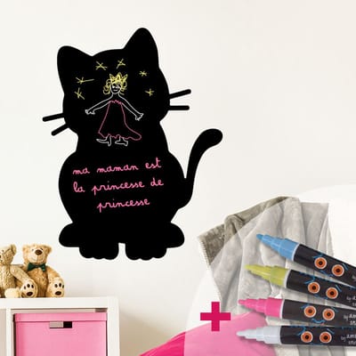 Schoolbordsticker - uitwisbare zelfklevende muurstickers - KITTEN + 4 VLOEIBARE KRIJTJES - 30x25cm
