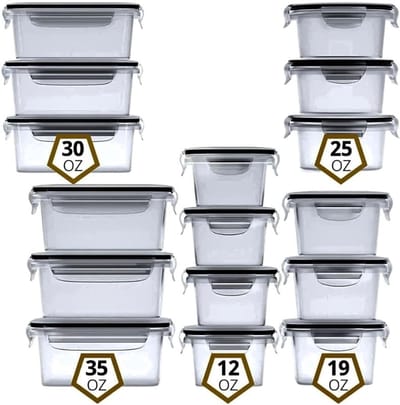 Set van 32 voedselcontainers met deksels met gemakkelijke sluiting, 16 containers en 16 deksels, voedselbewaardozen, fruitdozen