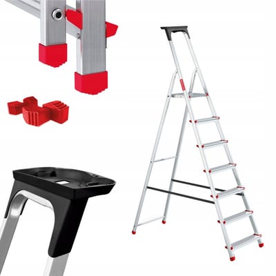 Baulich Huishoudtrap Aluminium - 7 treden met plateau - Opvouwbare vouwladder met antislip treden - Draagvermogen 125 kg - Werkhoogte 340 cm - Stabiele geprofileerde voeten