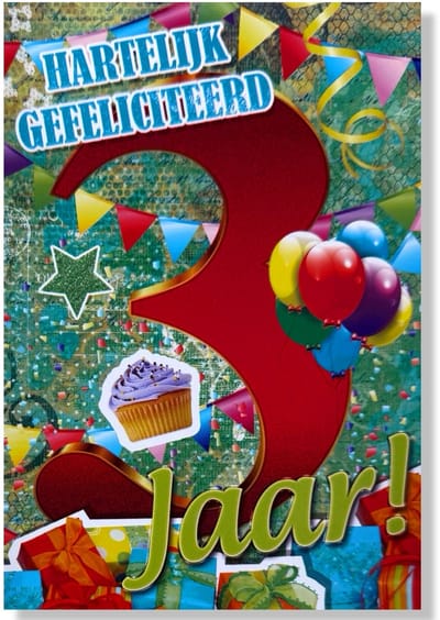 Hoera 3 Jaar! Luxe verjaardagskaart - 12x17cm - Gevouwen Wenskaart inclusief envelop - Leeftijdkaart
