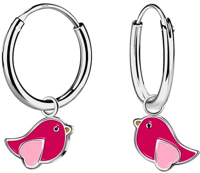 Joy|S - Zilveren vogel bedel oorbellen - oorringen - vogeltje met roze hartjes vleugeltjes - rhodium / gehodineerd