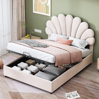 DESMIU Gestoffeerd Bed 140 x 200 cm - Bloemen Hoofdbord Met Hydraulische Opbergruimte - Stevig Frame Voor Slaapkamer - Fluweel - Beige - Zonder Matras