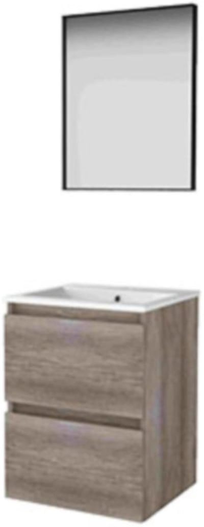 Basic-Line Framed 46 Badkamermeubelset - 50 x 46 cm - Greeploos - 2 Lades - Keramische Wastafel - 1 Kraangat - Spiegel met Zwart Aluminium Frame - Scotch Oak