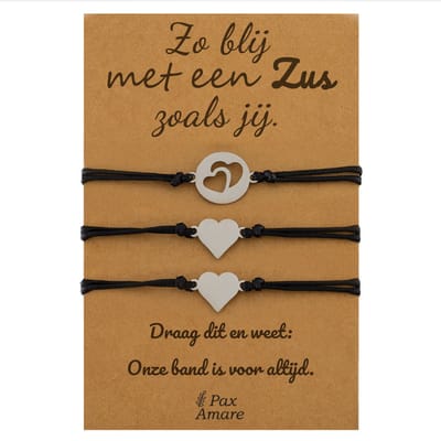 Vriendschapsarmbandjes voor 3 "Zo blij met een zus zoals jij" - Meerdere Hartjes - Sisters Armbandjes met Cadeau Kaartje - Zilverkleurig - Elastisch Verstelbaar - Pax Amare