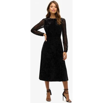 Superdry Fluwelen Midi-jurk met Kanten Mouwen Zwart Grootte: 44