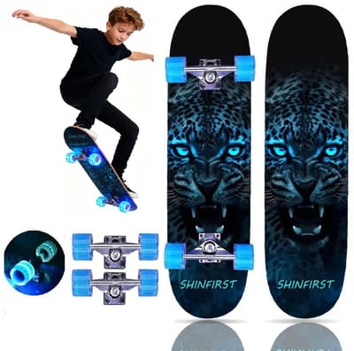 Shinfirst Professioneel skateboard -met dubbelzijdig patroon- Verbreed en vergroot wielen met LED-verlichting-voor volwassenen, jongeren, kinderen, beginners-7 lagen Canadese esdoorn, double kick board-concaaf, trick skateboard-zwarte panter