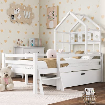 VVBV Hoogslaper 90x200 cm - Ladder, Valbeveiliging, Lattenbodem, Opbergruimte, Lades - Hout/Massief Hout Wit Zonder Matras