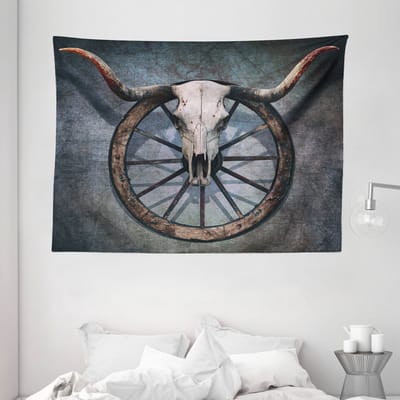 ABAKUHAUS Stalen houten wagenwiel wandtapijt en sprei, Westelijke schedel, 230 x 140 cm, veelkleurig