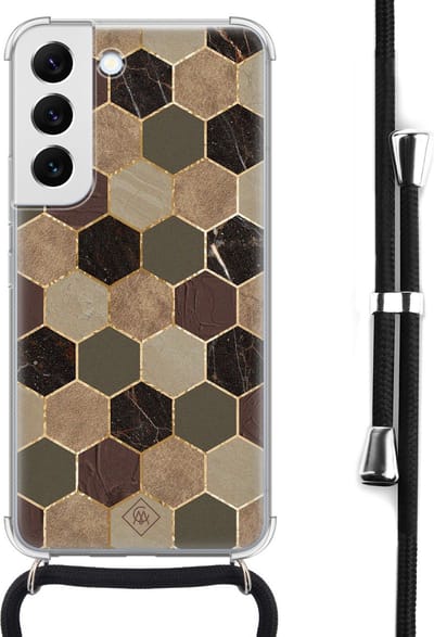 Casimoda® hoesje met koord - Geschikt voor Samsung S22 - Kubus Groen Bruin - Afneembaar koord - Siliconen/TPU - Bruin/beige
