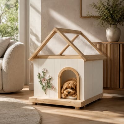 Hondenhok - Huisdierhuis - Houten Hondenhok - Hondenkooi - Massief hout - Binnen - 68x55x80 cm - Hellend dak - Geschikt voor kleine honden en katten - Wit