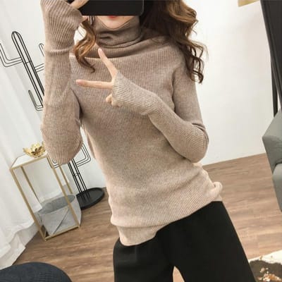 Pull col montant pour femme, grand code, automne et hiver, slim, épais, manches longues, tricot S gray