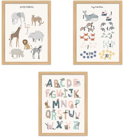 Dailygoods - Zamety 3-delige set afbeeldingen kinderkamer, A4 poster kinderkamer, zeildoek afbeeldingen babykamer, ABC poster voor kinderen, alfabet cijfers dieren leerposter voor kleuterschool, zonder fotolijst