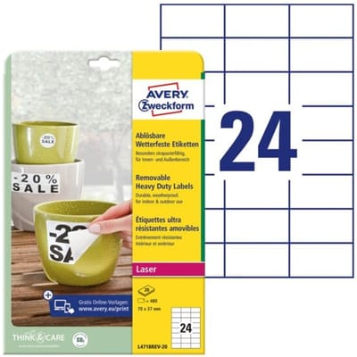 Avery Zweckform L4718REV-20. Produktfarbe: Weiß, Form: Rechteck, Klebetyp: Dauerhaft. Breite: 70 mm, Höhe: 37 mm. Haftetiketten pro Blatt: 24 Stück(e), Aufkleber pro Satz: 480 Stück(e), Medienanzahl pro Paket: 20 Blätter (L4718REV-20)
