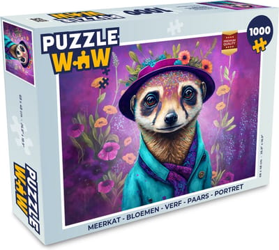 Puzzel Meerkat - Bloemen - Verf - Paars - Portret - Stokstaartje - Legpuzzel - Puzzel 1000 stukjes volwassenen