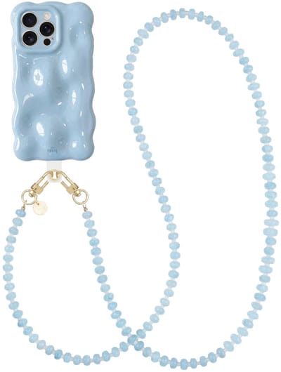 xoxo Wildhearts Bubbly case Ice Blue - Dusty Cord (lang) - Geschikt voor iPhone 16 Pro Max - Hoesje met bobbeltjes inclusief telefoonkoord - Krullende golfvorm - schokbestendig - Telefoonhoesje met koord - Koord ook afneembaar - Blauw