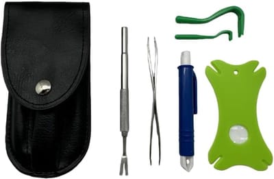 Tekentang - 6 stuks - Set met tekenverwijderingsinstrumenten, inclusief roestvrijstalen pincet- tekenkaart- haakjes & leren etui – Tekenverwijderaar - Professional Tick