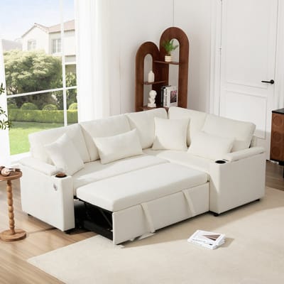 MODFU Hoekslaapbank - Uittrekbaar Met Opbergruimte En USB-Aansluiting - Rechter Chaise Longue - Chenille - Beige - 206,5 X 141 X 86 Cm