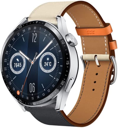 Lederen smartwatch bandje - geschikt voor Huawei Watch GT 2 / GT 3 / GT 3 Pro 46mm / GT 4 46mm / GT 5 & 5 Pro (46mm) / GT 2 Pro / GT Runner / Watch 3 / Watch 3 Pro - donkerblauw/wit