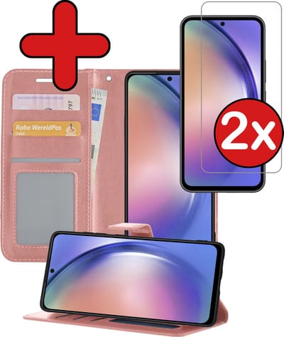 Hoesje - Met 2x Screenprotector - Geschikt voor Samsung Galaxy A54 - Luxe Pasjeshouder - Flip Case - Bookcase Portemonee - Kunstleer Book Case - Flipcase Hoes - Book Cover - Walletcase - Portemonneehoes - Telefoonhoes - Rosé goud