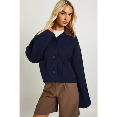 boohoo Dames Cropped jas met wollen uitstraling en namaak leren kraag | Navy | Maat: 12